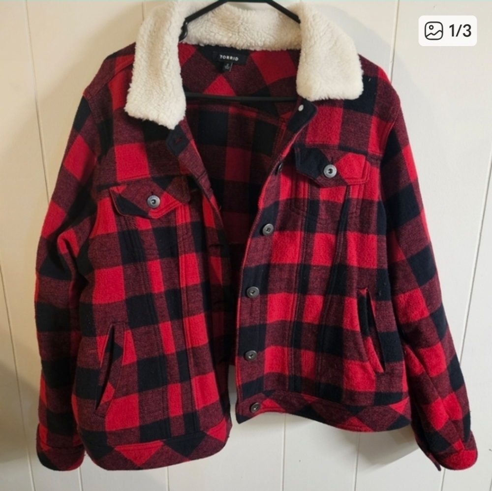 Torrid Red and Black Plaid Jacket with Sherpa Collar